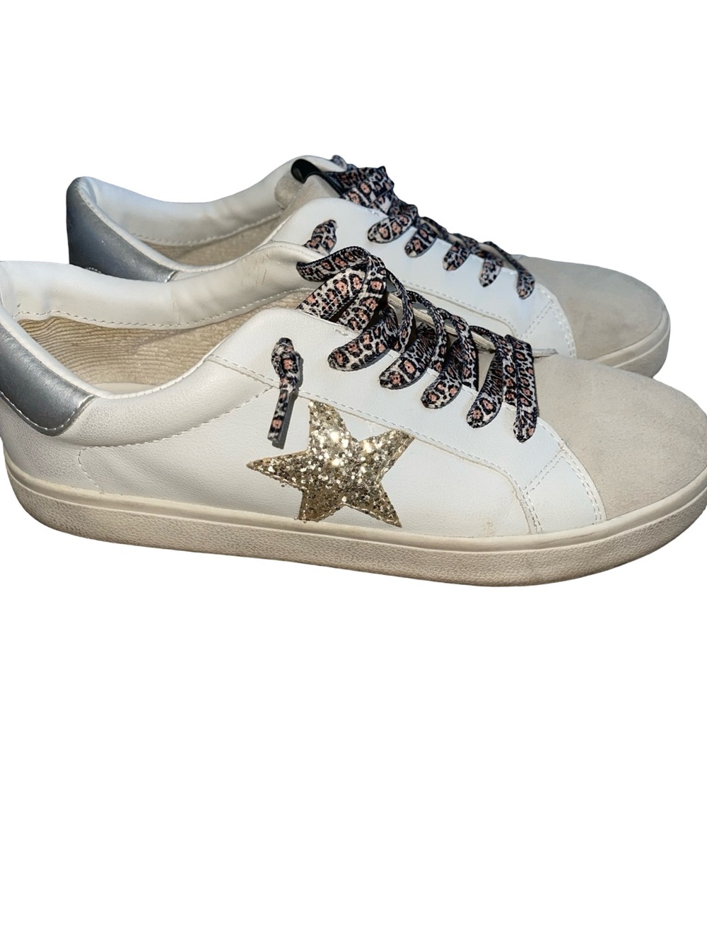 Steve Madden White & Beige Sneakers with Leopard Laces